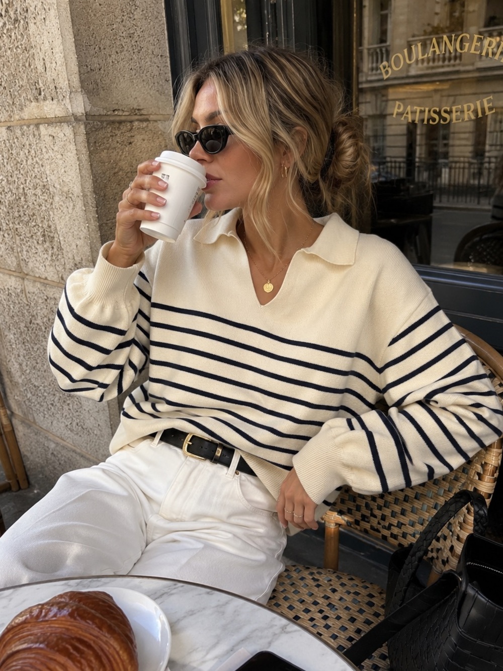 & Other Stories Paris Atelier Striped Collared Sweater Navy Cream Cotton Blend S